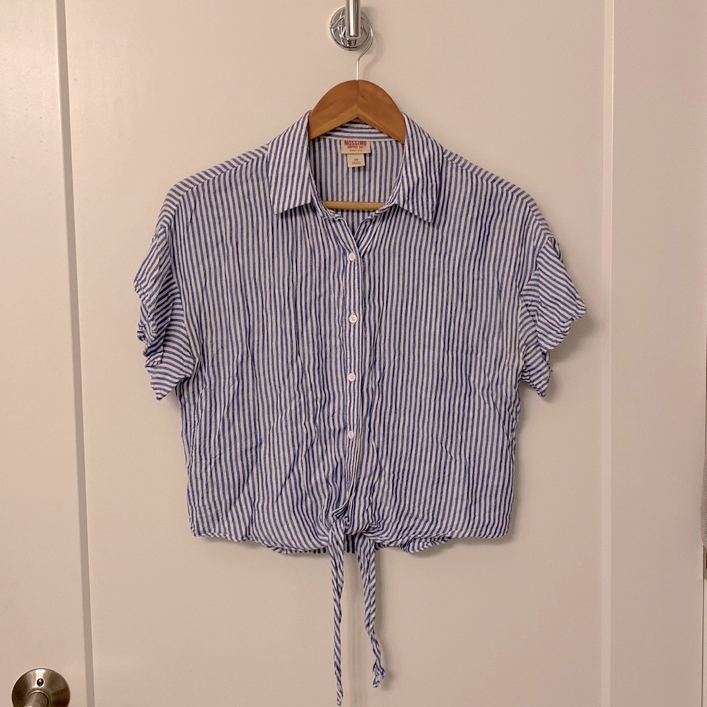 Blue and white striped ruffle blouse with tie